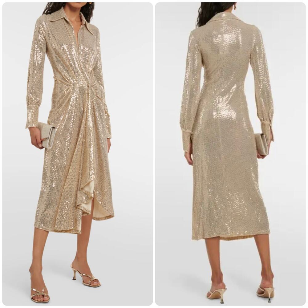 Dodo Bar Or Joelle Sequined Gathered Midi Dress in gold Size 46 Large L DRM